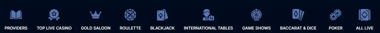 Menú de navegación de Boomerang Bet para categorías de juegos y proveedores.